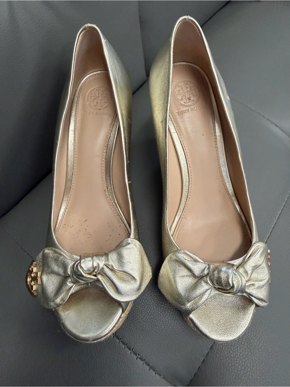 Tory Burch Gold Metallic Bow Peep-Toe Pumps